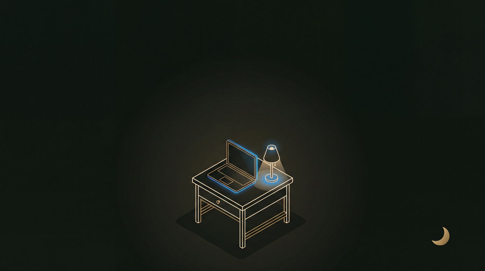 Isometrische illustratie van een bureau met een oplichtende laptop en een schemerlamp in een donkere ruimte, als beeld voor betaaloplossingen in de adult-branche.