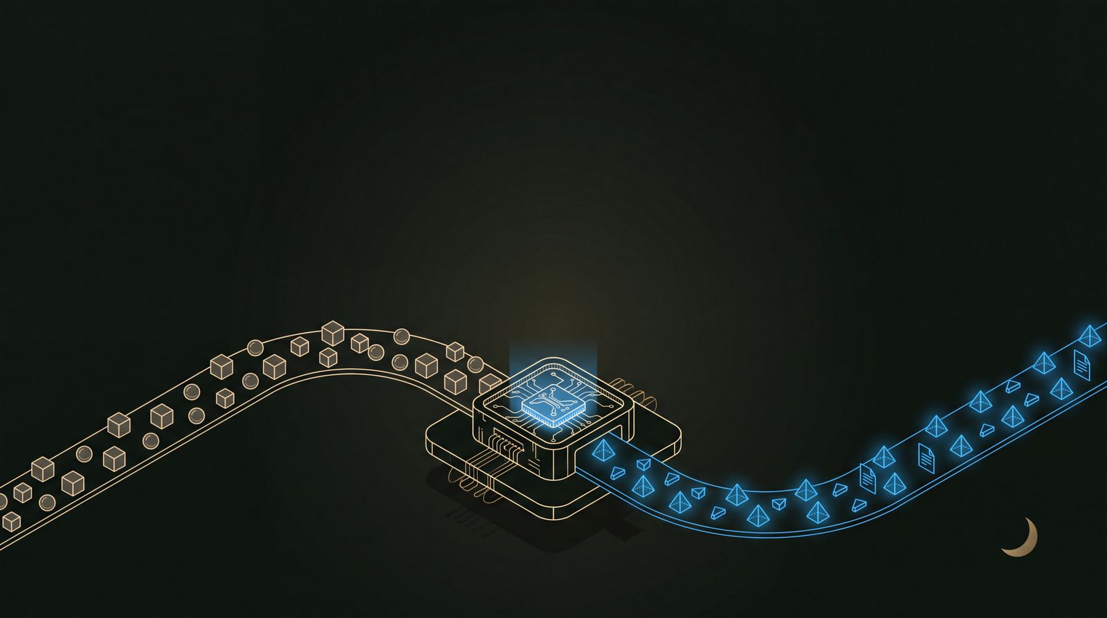 Isometrische illustratie van een lopende band met fiches en documenten die door een oplichtende processor wordt geleid, als beeld voor de betaalstromen van casino en iGaming.