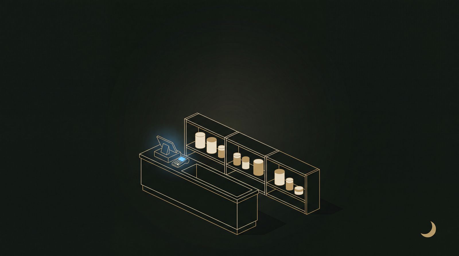 Isometrische illustratie van een winkeltoonbank met een oplichtende kassa en betaalterminal naast schappen met potjes, als beeld voor betaaloplossingen voor smartshop en CBD.