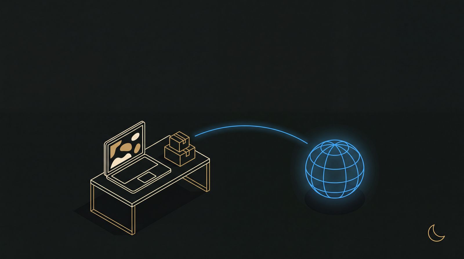 Isometrische illustratie van een bureau met laptop en pakketjes, verbonden door een blauwe boog met een oplichtende wereldbol, als beeld voor een betaalprovider voor dropshipping.