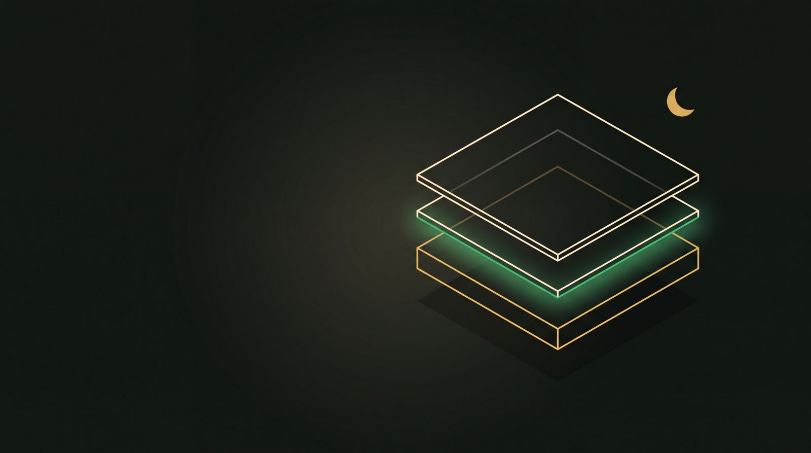 Isometrische illustratie van drie transparante lagen boven elkaar met een gouden maansikkel, als beeld voor de opbouw van een IC++-tarief.