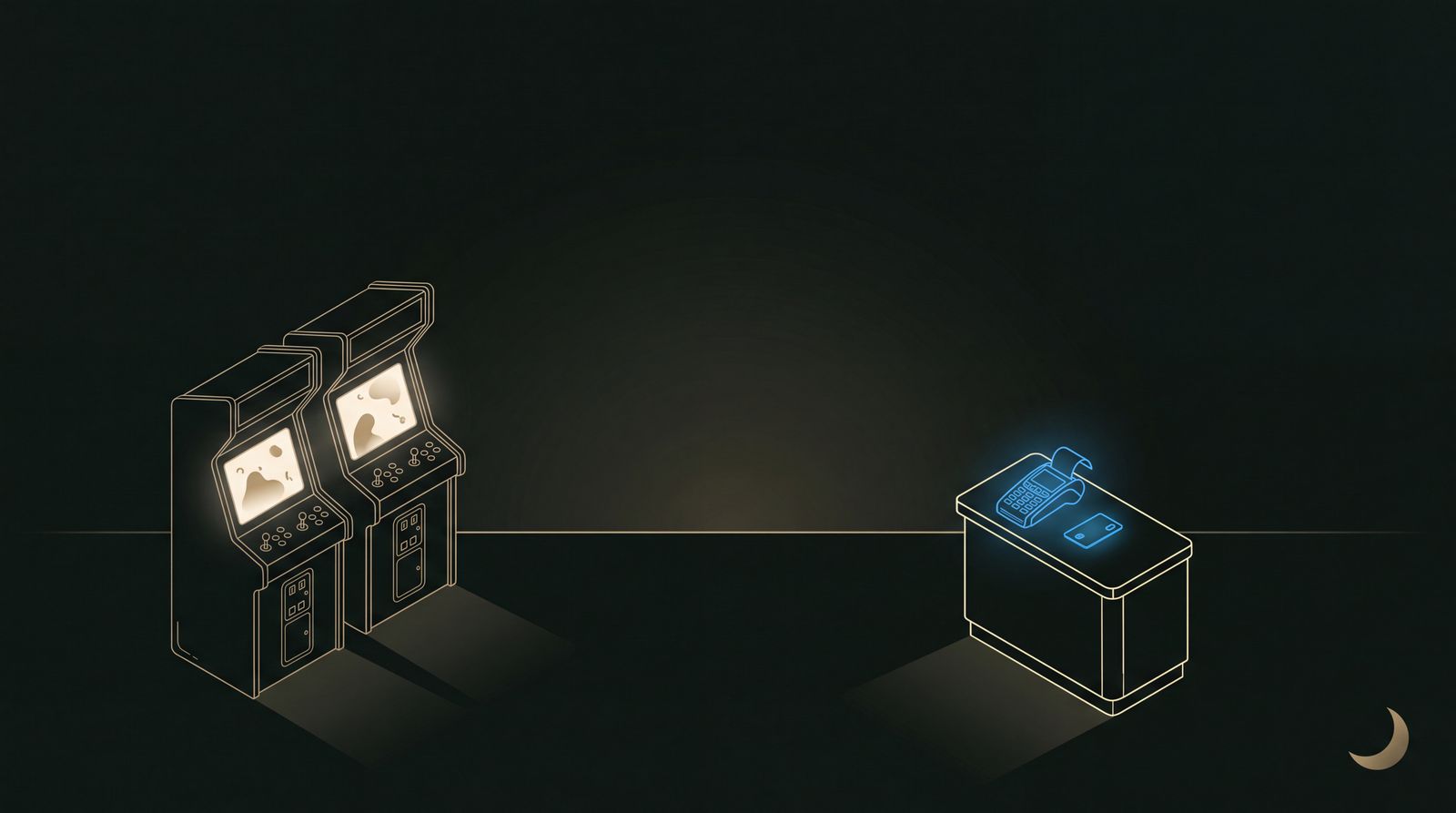 Isometrische illustratie van twee speelkasten naast een toonbank met een oplichtende betaalterminal en een pasje, als beeld voor pinnen en cashless in een speelhal.