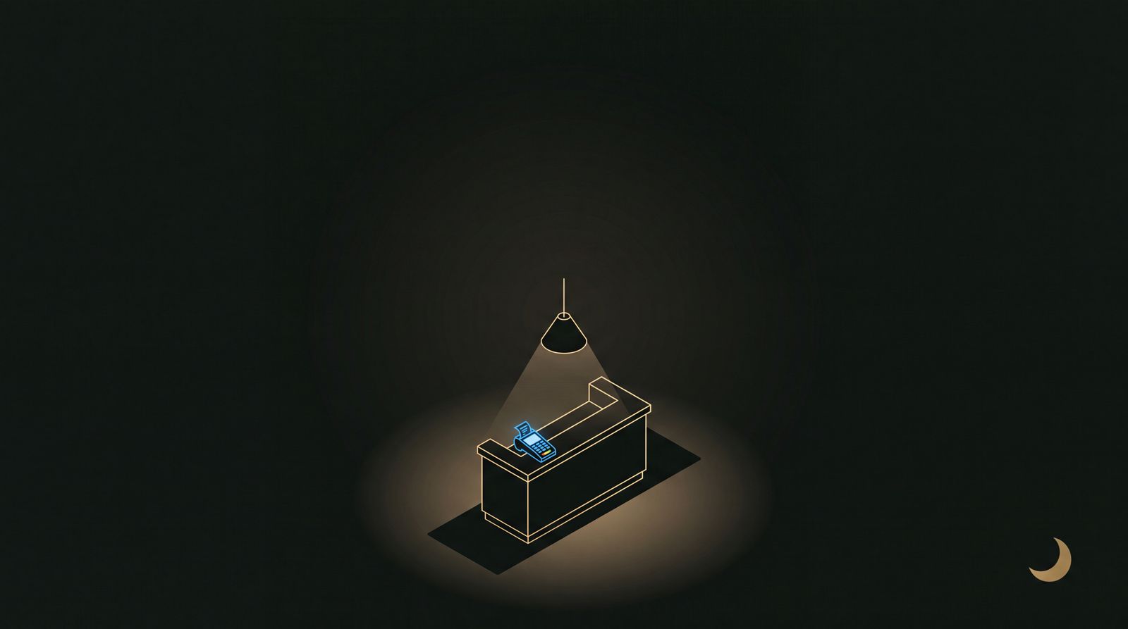 Isometric illustration of a counter with a glowing payment terminal under a hanging lamp in a dark room, representing card payments in a licensed venue.