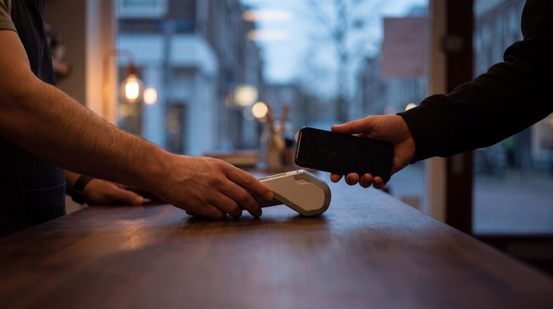 A customer holds a phone to a payment terminal on the counter of a coffeeshop at dusk.