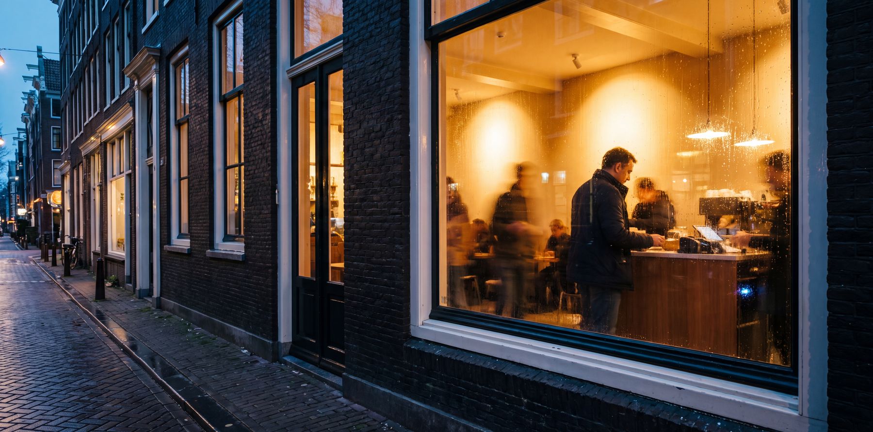 A coffeeshop at dusk, a customer paying at the counter.