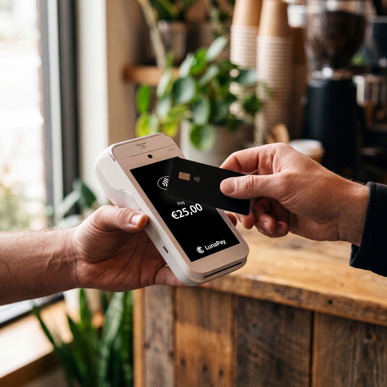 A card payment at the counter on a payment terminal.