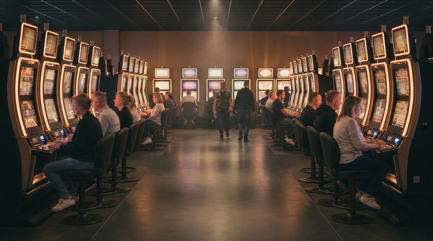 Interieur van een moderne speelautomatenhal met verlichte kansspelautomaten.