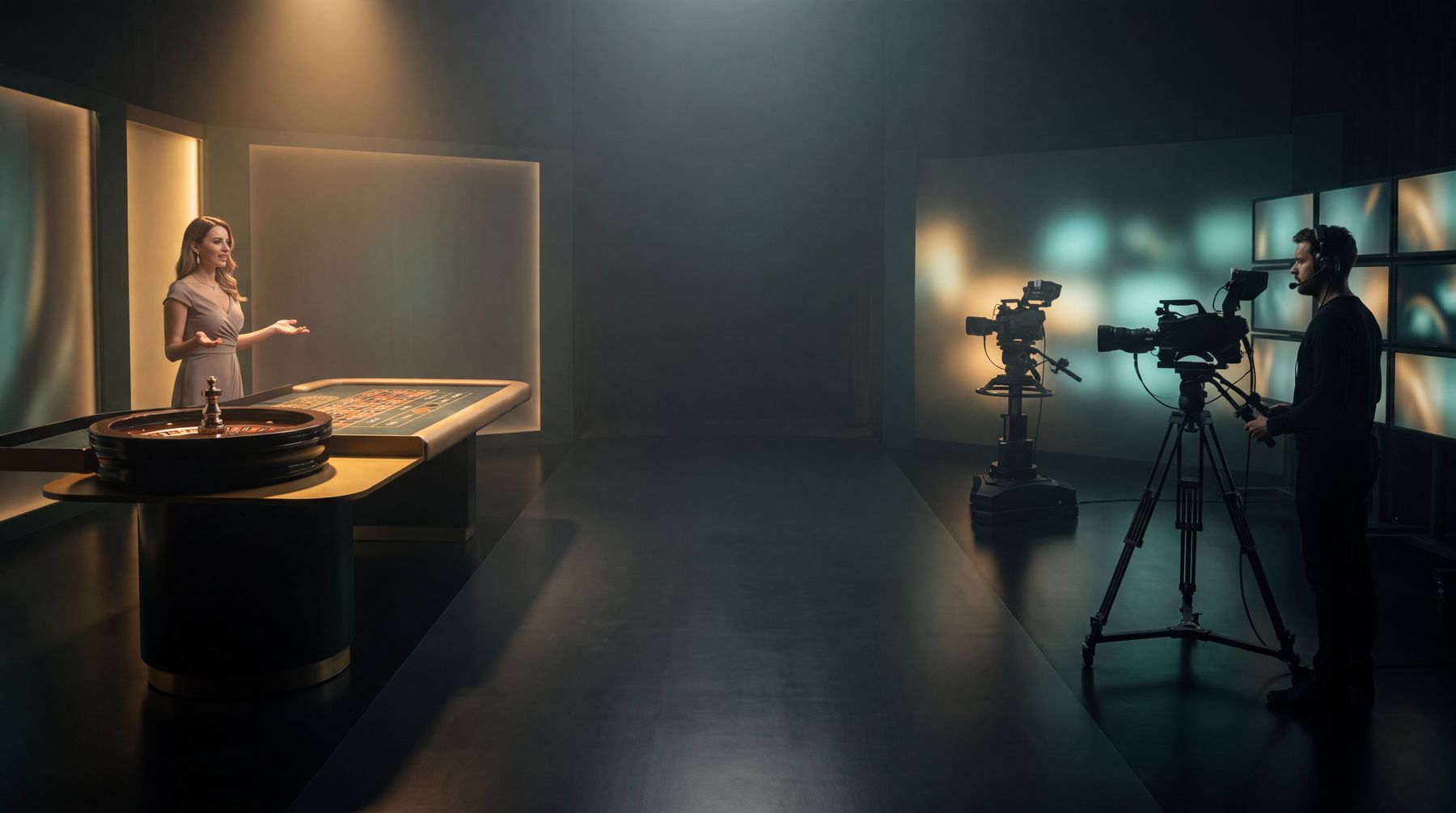 A live-casino studio: a presenter at a roulette table being filmed, with cameras and a wall of monitors.