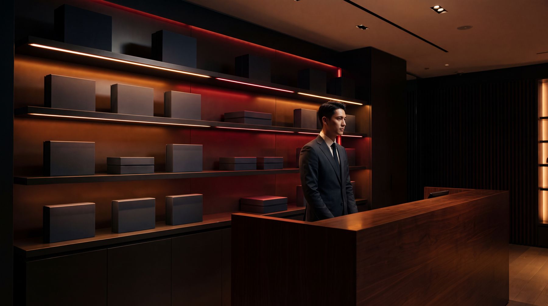A discreet, well-kept boutique in the evening with shelves and a staff member at the counter.