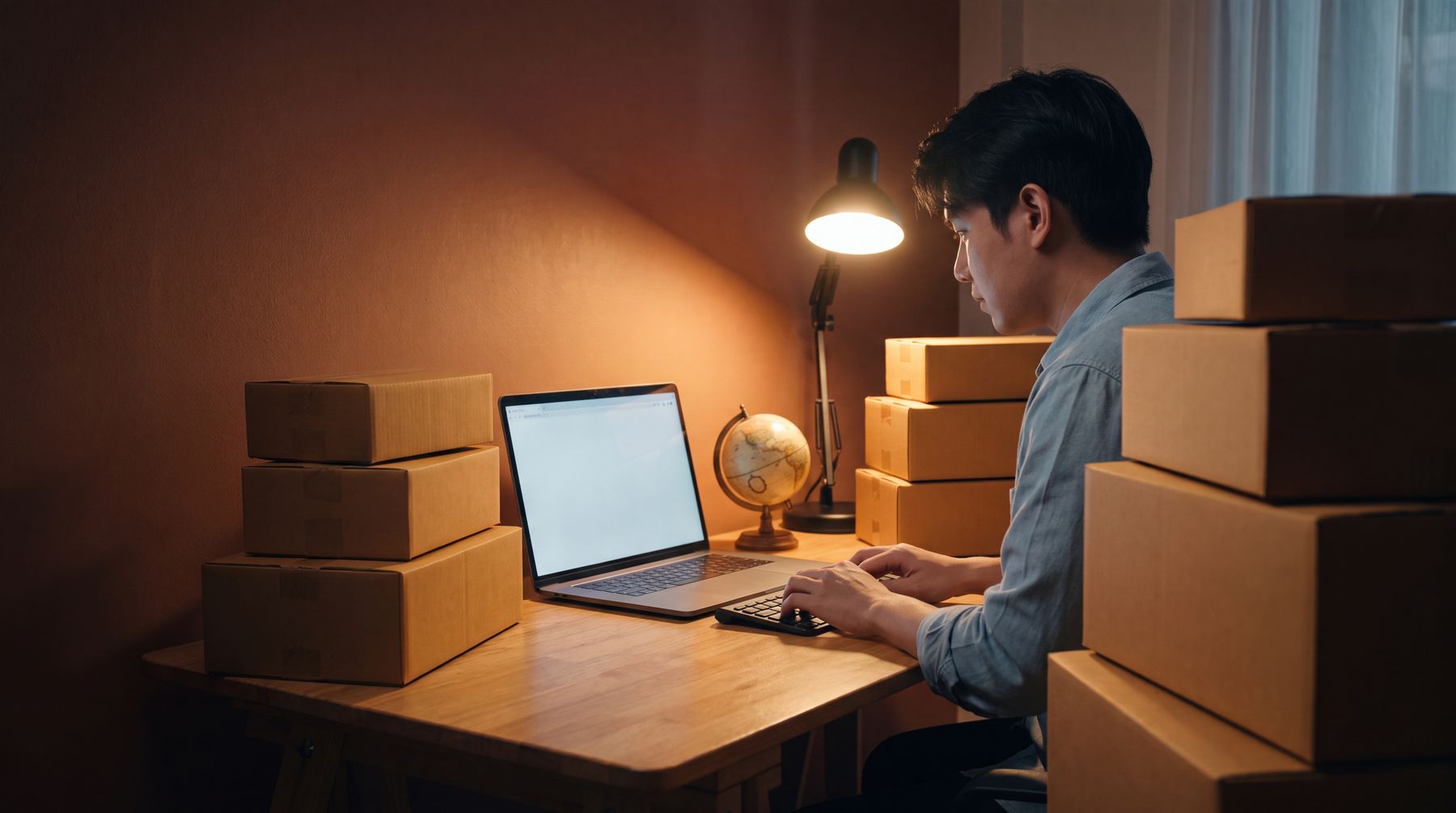 An entrepreneur at a laptop in a tidy shipping space with boxes and a globe.