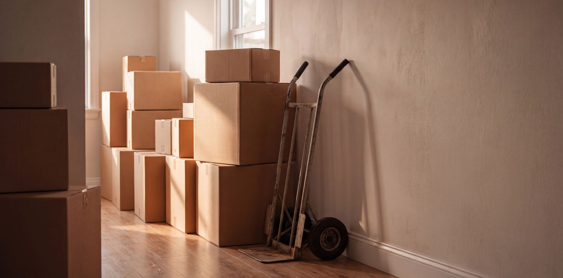 A stack of shipping boxes with a hand truck in a warehouse.