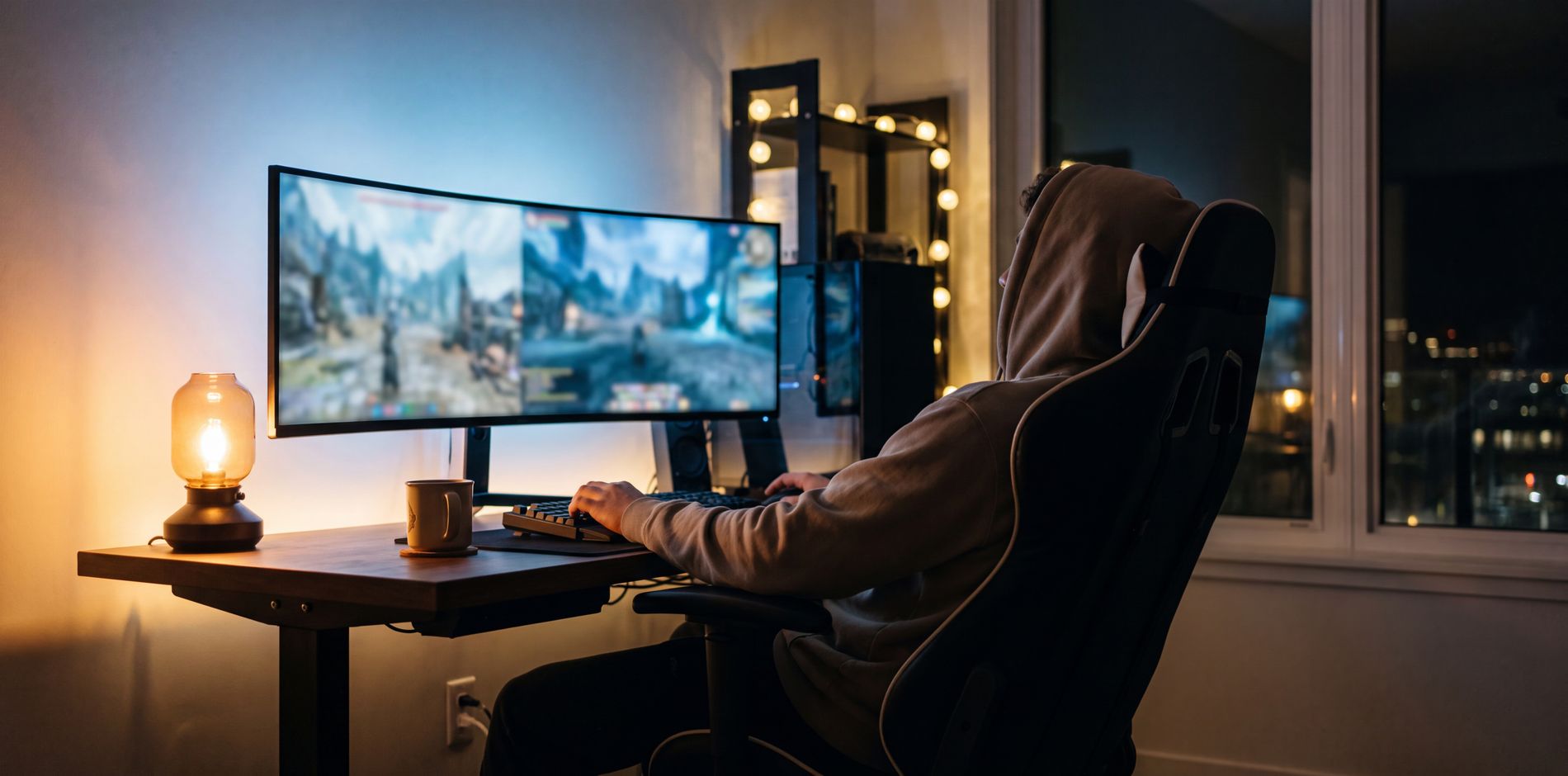 A gamer at night in front of wide screens.