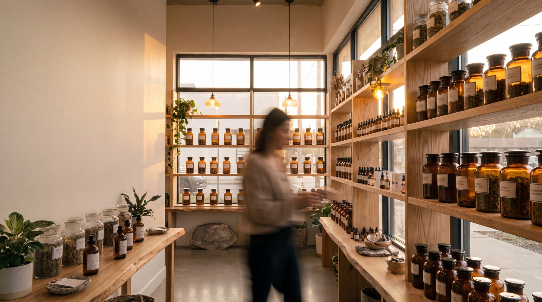 A warm store interior with shelves of amber bottles and a staff member.