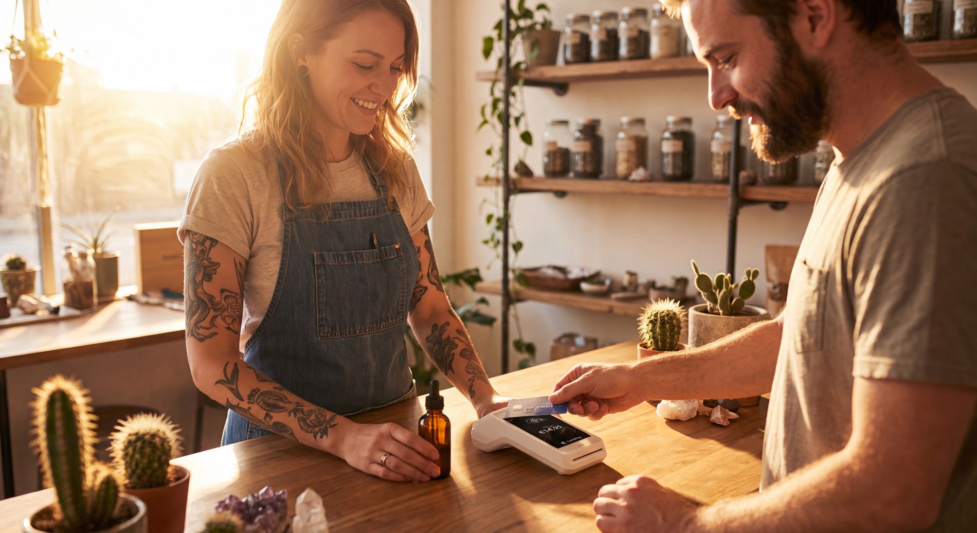 An amber bottle on the counter next to a payment terminal.